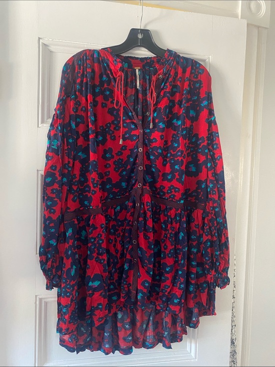 Free People Dresses & Skirts - Free People Red Floral Button-Front Tunic Dress with Teal & Navy Accents